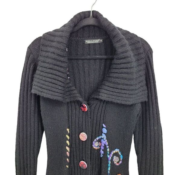 Vintage 90's Coatigan Duster Cardigan M Black Whimsical Embroidery Fairy Grunge - Picture 6 of 17